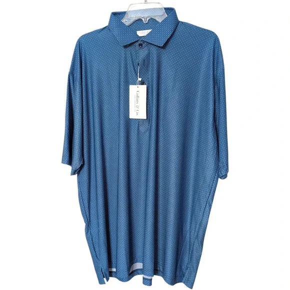 Collars & Co Mens Blue Mosaic Featherweight Relaxed Dress Collar Flex Polo 2XL - Picture 2 of 9